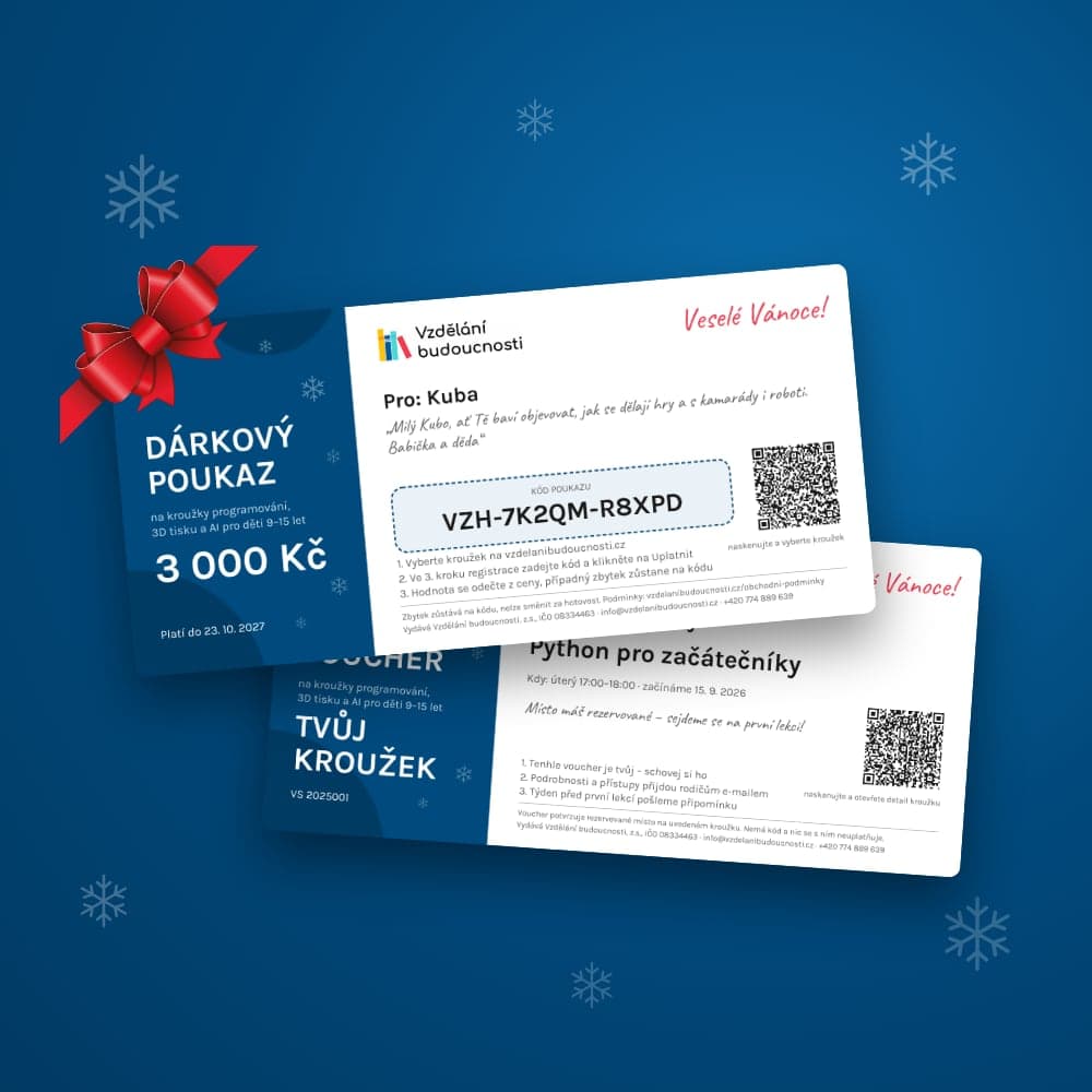 Dárkový poukaz na kroužky a voucher na konkrétní kroužek ve vánočním vzhledu s červenou mašlí
